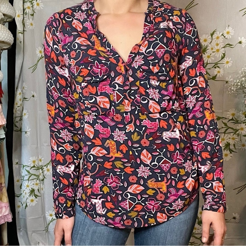 Anthropologie Maeve Primitive Animal Print Nature Artsy Novelty Blouse Size 0